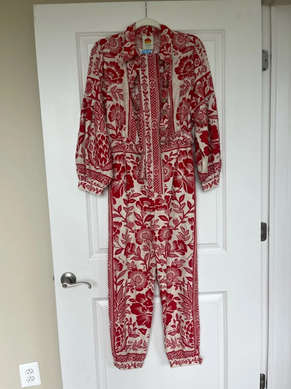 Farm Rio Floral Red & Cream Women's Jumpsuit - Picture 2 of 10